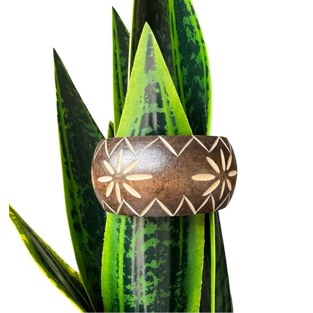 Hand Carved Wood Bangle Floral Star Inlay Boho Artisan Ethnic Tribal Bracelet